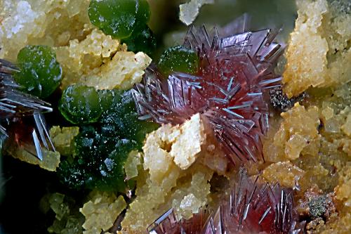 Erythrite and Conichalcite<br />Mina La Encontrada, Los Tejares, Ítrabo-Molvízar, Comarca Costa Granadina, Granada, Andalusia, Spain<br />1.5mm<br /> (Author: Carlos Pareja)