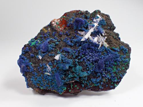 Azurite, Malachite, Gypsum (variety selenite)<br />Morenci Mine, Morenci, Copper Mountain District, Shannon Mountains, Greenlee County, Arizona, USA<br />93 mm x 75 mm x 25 mm<br /> (Author: Don Lum)