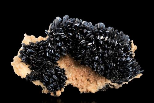 Stibnite on Calcite<br />Herja Mine, Chiuzbaia, Baia Sprie, Maramures, Romania<br />16 x 11 x 8 cm / main crystal: 2.7 cm.<br /> (Author: MIM Museum)