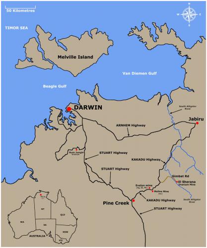 Country Map Photo

The Northern Territory occupies the central position in the northern section of the Australian continent. Its coastline meets the Timor Sea, Arafura Sea, and the Gulf of Carpentaria to the north. To its west lies Western Australia, while South Australia forms its southern border. Queensland defines its eastern boundary. This diverse geography gives the Northern Territory ever changing landscapes, from tropical coastlines in the north to the arid desert regions in the south. The El Sherana mine is located in the South Alligator River valley region of the Northern Territory. The insert shows the geographical location of the Northern Territory in relation to the rest of the continent. 

It is interesting to note that the term “Alligator” in reference to the Alligator Rivers’ Region of the Northern Territory and its three main rivers (East, South, and West Alligator), originated from a mistake made by Lieutenant Phillip Parker King. During his ground-breaking explorations between 1818 and 1822, he encountered numerous crocodiles in the estuaries of these rivers. In his journals, he noted the abundance of these large reptiles and mistook them for alligators, a species not indigenous to Australia. Thus he named the rivers "Alligator Rivers." Despite the scientific inaccuracy, the name stuck and is still used today to describe the region. (Author: silvia)