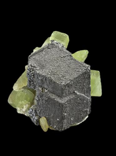 Magnetite with Forsterite (variety peridot)<br />Naran, Valle Kaghan, Distrito Mansehra, Jaiber Pastunjuá, Paquistán<br />6 x 5 x 6 cm / main crystal: 4.9 cm.<br /> (Author: MIM Museum)