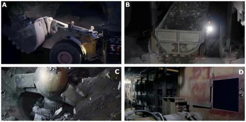 MUCKING, LOADING AND CRUSHING OF BLASTED ORE

The mining process at Milpillas began with the cut-and-fill mining method, ideal for steeply dipping ore bodies. After drilling and blasting, fragmented Copper ore within the underground stopes was scooped up using Load-Haul-Dump (LHD) vehicles, as seen in Photo A. These vehicles efficiently scooped up the broken ore, or “muck,” from the stope floor.
These highly maneuverable LHDs transported the muck over short distances to designated ore passes. These vertical or inclined shafts utilized gravity to move the ore to lower levels of the mine. From there, the muck was transferred to underground crushers for initial size reduction, as seen in Photo B.

Crushing was a fundamental initial processing stage. Large run-of-mine ore, some exceeding a meter in size, first underwent primary crushing in powerful gyratory crushers (Photo C), reducing the ore to a manageable size, typically a few centimeters. Subsequently, secondary and sometimes tertiary crushing stages further decreased the particle size. This meticulous size reduction was crucial for liberating valuable Copper minerals from waste rock and preparing the ore for subsequent grinding and leaching processes, maximizing extraction efficiency.

At Milpillas, the mine utilized a Metso Superior MKIII gyratory crusher (Photo C) as its primary crushing unit. During its lifetime, the crusher underwent several optimization phases to increase the lifespan of wear-prone components, dramatically reducing maintenance downtime from six months to two years. This enhancement led to lower production costs and improved personnel safety. It is interesting to note that the “ball” of the “gyrator” as seen in Photo C was nearly 1.5 meters in diameter, so the whole crusher unit was huge!

After crushing, the ore was transferred onto conveyor belts (Photo D), which transported it to the surface via a hoist shaft, where it then entered the leaching process.

As each horizontal slice of ore was mucked out, the void created was immediately backfilled with a cemented waste material. This backfilling provided vital ground support and created a stable working platform for the subsequent mining cycle of the next slice above, thereby ensuring a continuous and safe mining environment.

Original photos courtesy of Enrique Jimenez (Author: silvia)