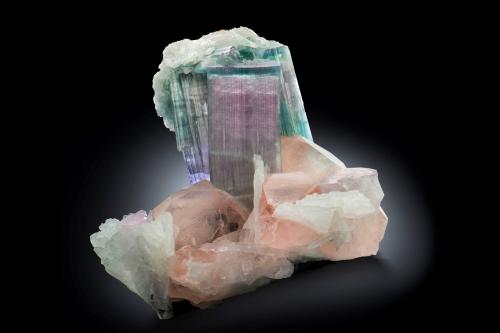 Beryl (variety morganite) with Elbaite and Orthoclase on Albite and 'lepidolite'<br />Sooray prospect, Dara-I-Pech District (Pech District), Kunar Province (Konar), Afghanistan<br />11 x 10 x 10.5 cm / main crystal: 3.5 cm.<br /> (Author: MIM Museum)