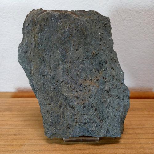 Ejemplar de pizarra moteada o mosqueada con pequeños cristales de cloritoide. Es probable que esta zona fuera afectada por un metamorfismo de mayor grado provocando que se formaran transiciones a filitas e incluso esquistos. (Autor: supertxango)