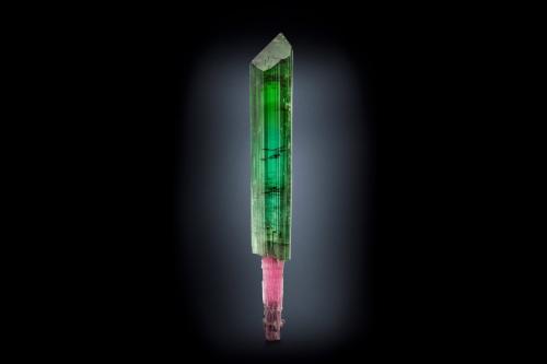 Elbaíta (variedad verdelita)<br />Concesión Pederneira, São José da Safira, Governador Valadares, Vale do Rio Doce, Minas Gerais, Brasil<br />2 x 2 x 15 cm / Cristal principal: 14.6 cm.<br /> (Autor: Museo MIM)