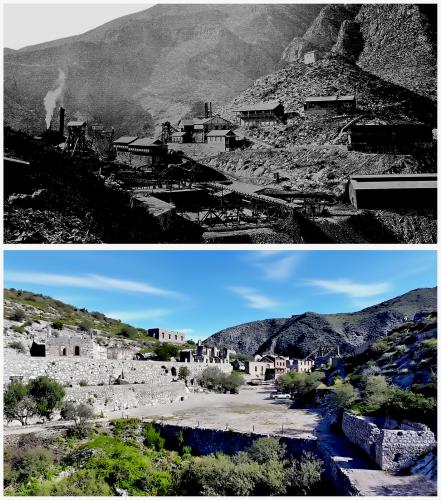 OLD MINE VERSUS MODERN MINE 4

A photograph from the late 1800s, looking south towards the Ojuela bridge, reveals the staggering scale of the mining operations at their peak. On the east side of the canyon, a prominent head frame stands sentinel while plumes of steam billow from a powerhouse, speaking to the immense energy being consumed. The western slopes are a hive of industrial activity, densely packed with an array of essential buildings — from administrative offices, and assay facilities, where the ore’s value was determined, to the ever-busy workshops. Further in the background, another head frame marks the entrance to the subterranean labyrinth of stopes and adits, the source of the mine’s vast wealth.

In a contemporary view taken over a century later, the landscape is one of haunting emptiness. The immense industrial infrastructure —the head frames, the powerhouses, and the intricate network of tramways that once ferried ore across the canyon — has almost entirely vanished, dismantled by time and salvage. Only a few stone structures stubbornly survive, yet they are mere shells of their former selves. Roofless, gutted, and exposed to the elements, these dilapidated ruins, devoid of the machinery and life that once filled them, stand as a quiet, somber epilogue, offering only faint echoes of the great mine that once dominated this canyon. (Author: silvia)