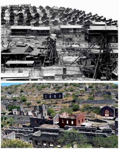 OLD MINE VERSUS MODERN MINE 2

The upper photograph, dating to the late 1800s, reveals the Ojuela miner’s village as a bustling, self-contained settlement clinging to the mountainside. Tiered rows of miners’ modest dwellings are perched above the industrial heart of the operation: a dense cluster of offices, workshops, and amenities. Dominating the foreground, two main head frames stand as powerful sentinels, their structures marking the vital gateways to the subterranean workings that were the community’s entire reason for being. This was a place of relentless industry, carved directly into the unforgiving landscape.


Over a century later, the modern photograph tells a story of profound decay and reclamation. The mighty head frames have vanished, and the steep slopes where the miners’ dwellings once stood are now hauntingly bare, their former existence marked only by scattered stone foundations — the ghostly footprints of a lost community. Below, the once-thriving centre of the mine has crumbled into dilapidated shells, a somber monument to a bygone era of immense wealth and hardship. Amidst the general ruin, the more robust, stone-walled structures of what were likely the workshops, blacksmith, and engineering facilities stubbornly endure, their skeletal remains the last vestiges of the mine’s formidable power. (Author: silvia)