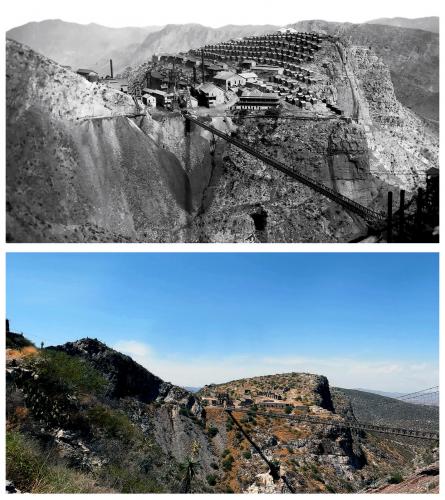 OLD MINE VERSUS MODERN MINE 1

A photograph from the early 1900s captures the sweeping vista and desolate beauty of Ojuela. Anchoring the view in the lower right, the weathered, steel head frame of the Socavon Shaft stands as a stark monument against the rugged landscape.

A century later, the gaze northward finds only silence and skeletal remains. The landscape is dominated by a profound shadow, a scar on the earth that refuses to heal; the Boca de Mina, the Mouth of the Mine. This vast, dark chasm — the original glory hole — is a gaping wound testifying to a history of arduous toil.

While this great mine endures, carved in stone, the works of man have proven fleeting. The steel head frame of the Socavon shaft has surrendered to the elements, its bones scattered by the wind. Entirely vanished is the company town that was once a world unto itself. Where grids of simple houses sheltered five thousand souls, the wind now scours empty ground, and faint outlines in the dirt are the only ghosts of those dusty streets. No echo remains of the modest schoolhouse, the offices, the shafts, the workshops, no phantom of the bustling stores that once anchored this outpost of rock and toil.

The mountain gave its treasure, and in the passage of a century, it has reclaimed all but the wound. The great mine has outlived its children, its open mouth now a monument to their memory and the profound quiet that follows. (Author: silvia)
