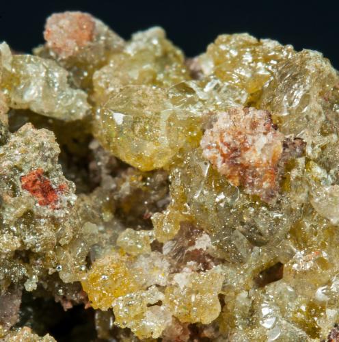 Calomel with Eglestonite, Mercury and Cinnabar<br />Grupo minero Mariquita, Cerro de las Minas, Usagre, Comarca Campiña Sur, Badajoz, Extremadura, España<br />main crystal size: 0.7 × 0.6 cm<br /> (Author: Jordi Fabre)