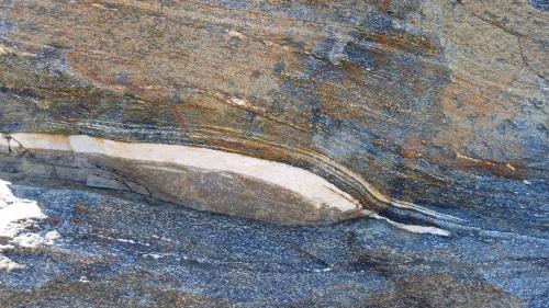 Detalle de porfiroblasto de plagioclasa de casi 3 cm. de espesor en anfibolita con textura de milonita. (Autor: supertxango)