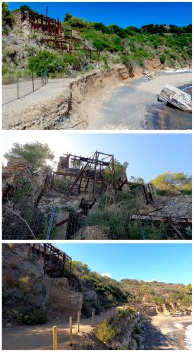 THREE VIEWS OF DECAYING TECHNOLOGY

The decaying steel skeleton (ore loading facility), once a crucial part of the Terranera-Capo Bianco mining complex, now stands as a haunting monument to a bygone era. 

In the first photograph, the scene is one of impending renewal. The pathway and immediate access to the structure have been restricted due to instability, marking the commencement of restoration work to stabilize the foundations and counteract the effects of erosion. A solitary foundation stone, a silent sentinel of a structure long lost to the elements, rests on the nearby shoreline, bearing witness to a vibrant past.

The middle photo draws the eye closer to the rusted frames, where the deep hues of decay and the marks of recent vandalism tell a story of neglect. The metal’s surface, a canvas of orange and brown, speaks to decades of exposure to the coastal air. 

The final image offers a glimpse of hope and renewal. A newly reconstructed pathway and steps demonstrate the diligent work done to secure the area, protecting the remains of this industrial ghost from further ruin. This series of images captures the cyclical nature of decay, preservation, and the enduring memory of human endeavor. (Author: silvia)
