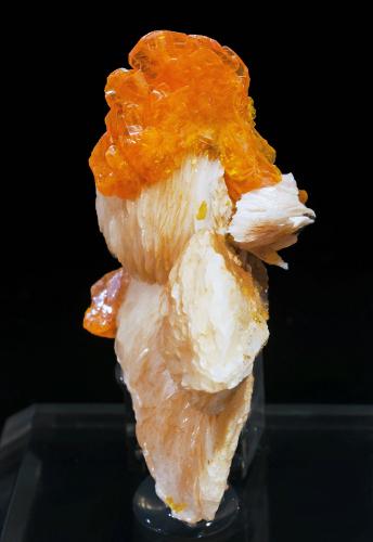 Wulfenita en Barita<br />Mina Les Dalles (Mina Lidal), distrito minero Mibladen, Mibladen, Midelt, Provincia Midelt, Región Drâa-Tafilalet, Marruecos<br />5.3 × 2.1 × 3.5 cm / cristal principal: 2 × 1.8 cm<br /> (Autor: Jordi Fabre)