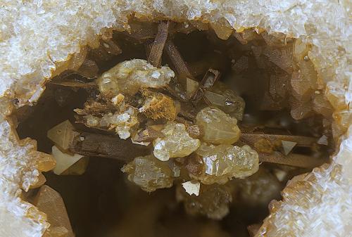 Senarmontita sobre valentinita<br />Mina Caracocha, Cabarcos, Riamonte de Abaixo, Cervantes, Comarca Os Ancares, Lugo, Galicia / Galiza, España<br />Campo de visión de  5 mm.<br /> (Autor: Antonio Carmona)