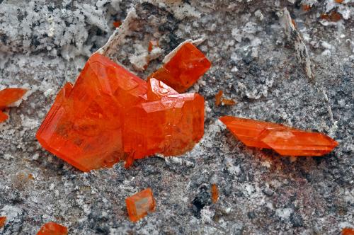 Wulfenite with Calcite<br />Mina Red Cloud, Montes Trigo, Distrito minero Silver, Condado La Paz, Arizona, USA<br />main crystal size: 1.3 × 1.1 cm<br /> (Author: Jordi Fabre)