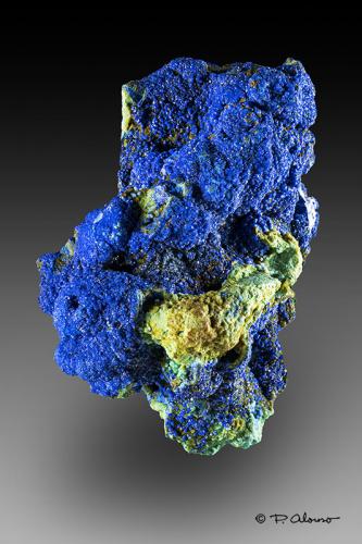 Azurita con Malaquita<br />Aouli, distrito minero Mibladen, Mibladen, Midelt, Provincia Midelt, Región Drâa-Tafilalet, Marruecos<br />3cm x 1,5cm x 2cm<br /> (Autor: Pere Alonso)