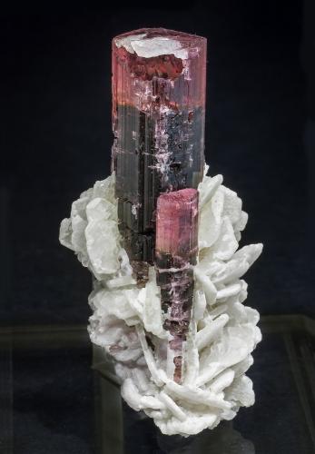 Elbaita (variedad rubellita) con Albita<br />Stak Nala, Montes Haramosh, Distrito Skardu, Gilgit-Baltistan (Áreas del Norte), Paquistán<br />7 × 3.4 × 3.3 cm / cristal principal: 5 × 1.5 cm<br /> (Autor: Jordi Fabre)