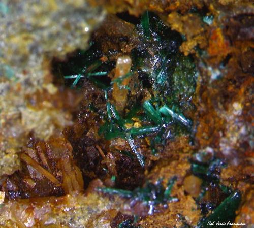 Brochantita y Cuarzo.<br />Mina Golosina, Cala del Mal Paso, Cuevas del Almanzora, Comarca Levante Almeriense, Almería, Andalucía, España<br />5´32x4´79 mm.<br /> (Autor: Jesus Franquesa Baucells)