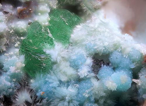 Goldhillita, crisocola y olivenita<br />Mina Trípoli, Barranco del Cura, Huércal de Almería, Comarca Metropolitana de Almería, Almería, Andalucía, España<br />Campo de visión de  2 mm.<br /> (Autor: Antonio Carmona)