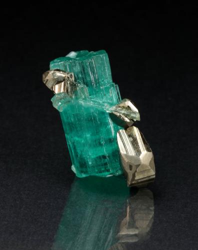 Beryl (variety emerald), Pyrite<br />Chivor (distrito minero), Mina El Oriente, Municipio Chivor, Cinturón Esmeraldífero Oriental, Departamento Boyacá, Colombia<br />16x9 mm<br /> (Author: Fiebre Verde)