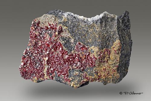 Cinabrio<br />Mina El Entredicho, Almadenejos, Comarca Valle de Alcudia, Ciudad Real, Castilla-La Mancha, España<br />4,5cm x 3,8cm x 1,3cm<br /> (Autor: Pere Alonso)