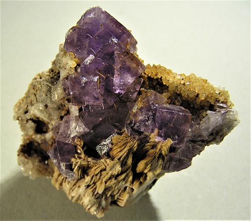 Fluorita, barita, cuarzo<br />Cantera de Los Cobayos (La Paredona), zona minera de Berbes, Los Cobayos, Berbes, Ribadesella, Comarca del Oriente, Principado de Asturias (Asturias), España<br />7 x 6 cm<br /> (Autor: Frederic Varela)