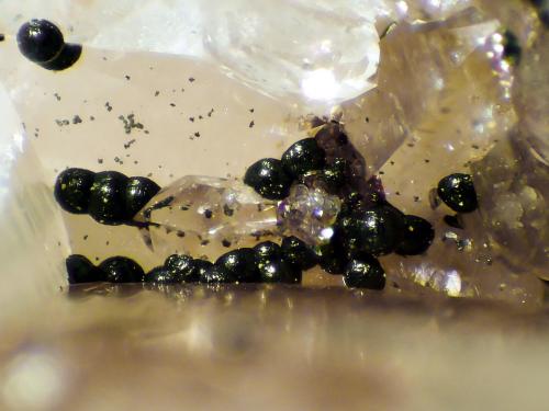 Pseudomalaquita, Goethita, Cuarzo<br />Grupo Minero San Nicolás (Mina San Nicolás), Valle de la Serena, Comarca La Serena, Badajoz, Extremadura, España<br />Campo de visión 2 mm.<br /> (Autor: Antonio P. López)