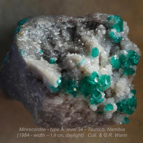 Minrecordita con Dioptasa<br />Mina Tsumeb, Tsumeb, Región Otjikoto, Namibia<br /><br /> (Autor: Foro FMF)