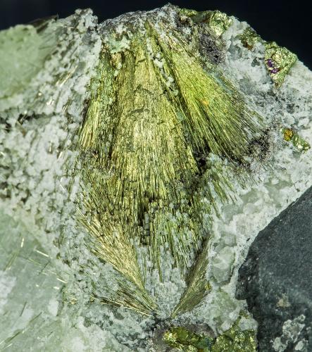 Millerite with Calcite and Pyrite<br />Eugenia Mine, Bellmunt del Priorat, Comarca Priorat, Tarragona, Catalonia / Catalunya, Spain<br />5.4 × 4.5 × 4 cm<br /> (Author: Jordi Fabre)
