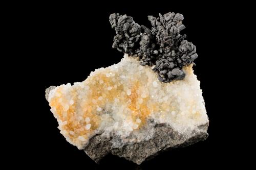 Hessite on Quartz<br />Botes (Botești), Zlatna, Alba, Transylvania, Romania<br />8.5 x 8.5 x 2 cm / main crystal: 0.8 cm<br /> (Author: MIM Museum)