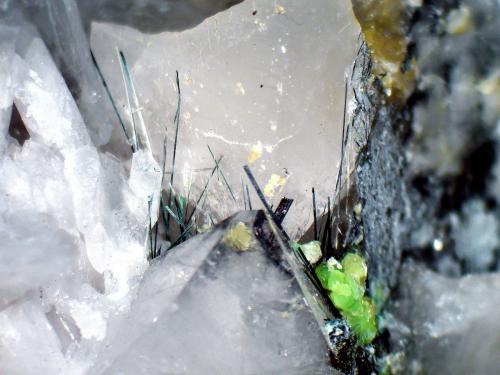 Bismutinita, Moscovita, Cuarzo<br />Grupo Minero San Nicolás (Mina San Nicolás), Valle de la Serena, Comarca La Serena, Badajoz, Extremadura, España<br />Campo de visión 2 cm.<br /> (Autor: Antonio P. López)