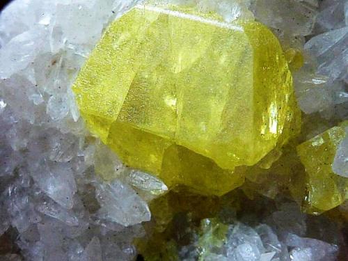 Azufre, Calcita<br />Depósito de azufre Yazivske, Yaziv, Novoyavorivsk, Raión Yavoriv, Óblast Lviv, Ucrania<br />5 x 5 cm. la pieza, 1 x 1 cm. el cristal<br /> (Autor: javier ruiz martin)