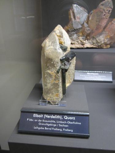 Elbaite on Quartz<br />Limbach-Oberfrohna, Zwickau, Saxony/Sachsen, Germany<br />Specimen size ~ 12 cm<br /> (Author: Tobi)