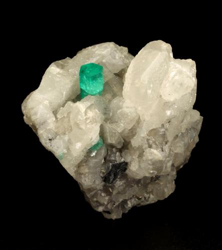 Beryl (variety emerald), Calcite, Dolomite<br />Coscuez (distrito minero), Municipio San Pablo de Borbur, Cinturón Esmeraldífero Occidental, Departamento Boyacá, Colombia<br />40x43x40mm, xl=9mm<br /> (Author: Fiebre Verde)