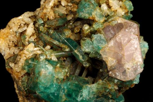 Beryl (variety emerald), Albite (variety cleavelandite), Calcite, Apatite<br />Colombia<br />37x18x33mm<br /> (Author: Fiebre Verde)