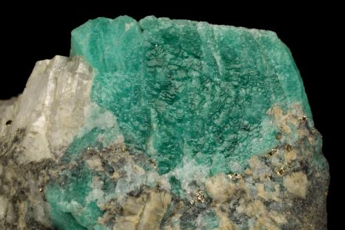 Beryl (variety emerald), Calcite, Pyrite<br />Gachalá mining district, Municipio Gachalá, Eastern Emerald Belt, Cundinamarca Department, Colombia<br />55x36x35mm, xl=24x20mm<br /> (Author: Fiebre Verde)