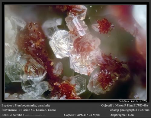 Plumbogummite and Carminite<br />Mina Hilarion, Zona Hilarion, Minas Kamariza, Agios Konstantinos, Distrito minero Lavrion, Prefectura Attikí (Attica), Grecia<br />fov 0.5 mm<br /> (Author: ploum)