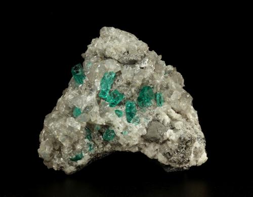 Beryl (variety emerald), Calcite, Dolomite, Pyrite<br />Chivor mining district, Municipio Chivor, Eastern Emerald Belt, Boyacá Department, Colombia<br />69x57x38mm, xls up to 10mm<br /> (Author: Fiebre Verde)