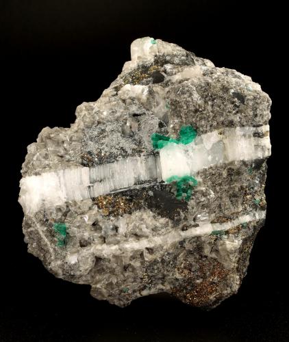 Beryl (variety emerald), Calcite, Pyrite<br />La Pita mining district, Cunas Mine, Municipio Maripí, Western Emerald Belt, Boyacá Department, Colombia<br />80x40x90mm - xls up to 8mm<br /> (Author: Fiebre Verde)