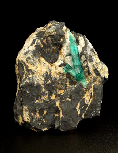 Beryl (variety emerald), Calcite, Pyrite, Rutile<br />Chivor mining district, Municipio Chivor, Eastern Emerald Belt, Boyacá Department, Colombia<br />65x74x63mm, main xl=40mm<br /> (Author: Fiebre Verde)