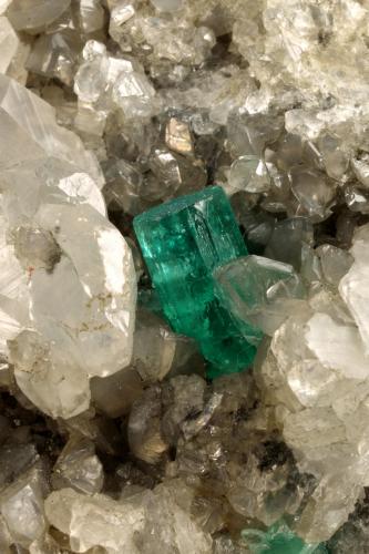 Beryl (variety emerald), Calcite, Pyrite<br />La Pita (distrito minero), Municipio Maripí, Cinturón Esmeraldífero Occidental, Departamento Boyacá, Colombia<br />140x75x80mm, xls=16 & 10mm<br /> (Author: Fiebre Verde)