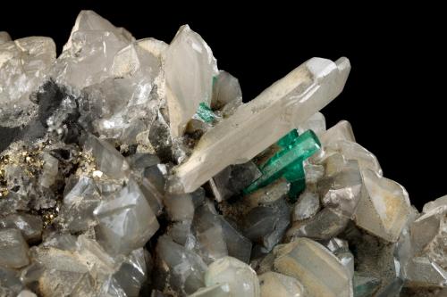 Beryl (variety emerald), Calcite, Dolomite, Pyrite<br />Coscuez mining district, Municipio San Pablo de Borbur, Western Emerald Belt, Boyacá Department, Colombia<br />113x98x85mm, main xl=15mm<br /> (Author: Fiebre Verde)