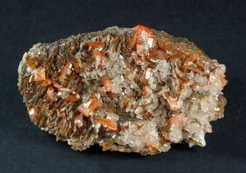 Wulfenite with Calcite on Barite<br />Pure Potential Mine, Silver District, Trigo Mountains, La Paz County, Arizona, USA<br />70 x 37 x 39<br /> (Author: GneissWare)