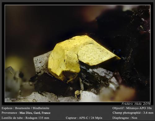 Bindheimite after bournonite<br />Mas Dieu, Mercoirol, Alès, Gard, Occitanie, France<br />fov 3.6 mm<br /> (Author: ploum)