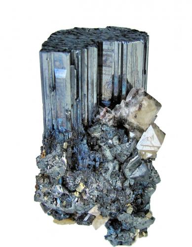 Bournonite, Scheelite<br />Yaogangxian Mine, Yizhang, Chenzhou Prefecture, Hunan Province, China<br />37mm x 21mm. Bournonite crystal: 33.0mm tall, 18.5mm wide. Major scheelite crystal: 7mm tall<br /> (Author: Carles Millan)