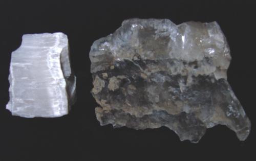 Gypsum (variety selenite and satin spar)<br />Georgia Quarry, Mitchell, Lawrence County, Indiana, USA<br />Specimens are portions of a 1<br /> (Author: Bob Harman)