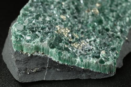 Muscovite (variety fuchsite), Pyrite<br /> 	Highway Pauna-San Pablo de Borbur road works ("Highway Mine"), Municipio Pauna, Western Emerald Belt, Boyacá Department, Colombia<br />55x32x11mm<br /> (Author: Fiebre Verde)