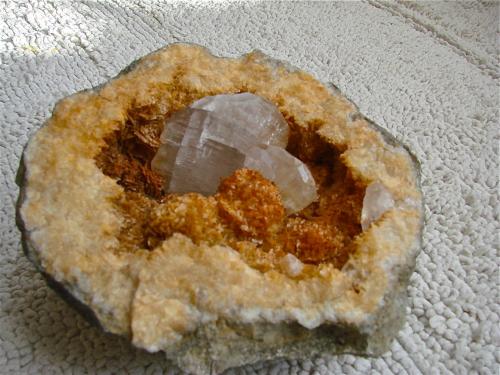 Calcite on Dolomite<br />State Route 56 road cut, Canton, Washington County, Indiana, USA<br />geode cavity is about 13 cm, largest calcite is 5.5 cm<br /> (Author: Bob Harman)