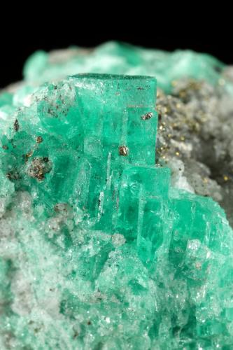 Beryl (variety emerald), Calcite, Pyrite<br />Coscuez mining district, Jerusalem Mine, Municipio San Pablo de Borbur, Western Emerald Belt, Boyacá Department, Colombia<br />53x61x36mm<br /> (Author: Fiebre Verde)