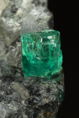 Beryl (variety emerald), Calcite, Pyrite<br />Coscuez (distrito minero), Municipio San Pablo de Borbur, Cinturón Esmeraldífero Occidental, Departamento Boyacá, Colombia<br />27x41x19mm, xl=7mm<br /> (Author: Fiebre Verde)