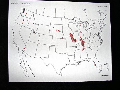 _Map of the USA showing major collectible geode locations with special reference to the midwest sedimentary geode areas. (Author: Bob Harman)